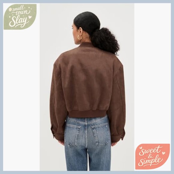Faux Suede Bomber Jacket with Padded Shoulders and Snap Cuffs - Picture 4 of 6